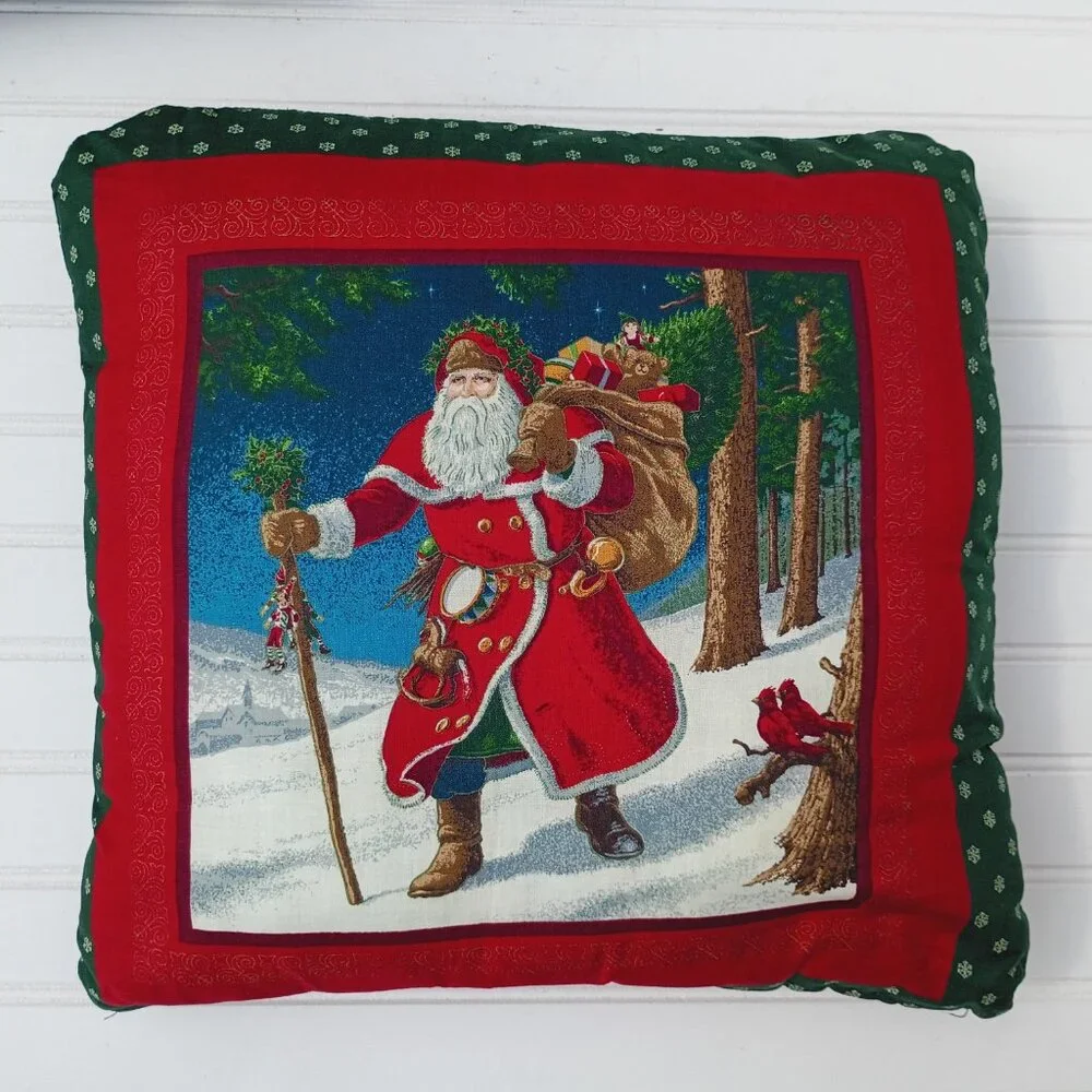 PAIR of Old World Santa Claus Throw Pillows Christmas Holiday Santa in Snow Vtg